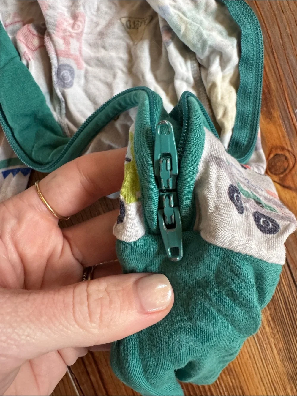 Little sleepies - 12-18 month - Footed Pajama - Teal Trim with Multicolor Trucks